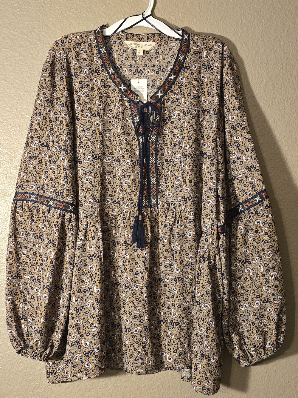 Altar'd State Tan Paisley Peasant Tunic with Navy Tassels